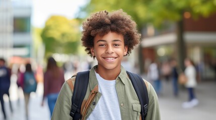 Photo of a glad, smiling young male student. Boy with a backpack ready to start studying university international exchange program summer holidays outdoors with a group of students in the background