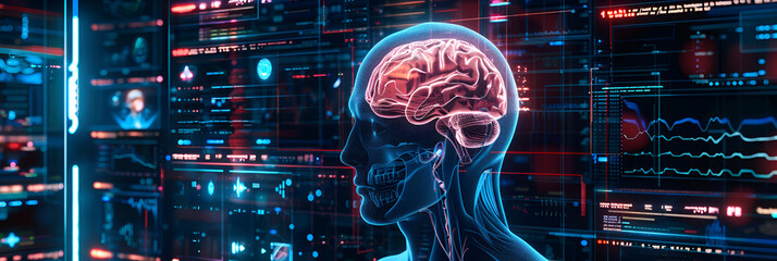 Abstract technology background with human brain Futuristic Learning Holographic Human Anatomy Showcase with blue lights background. - obrazy, fototapety, plakaty