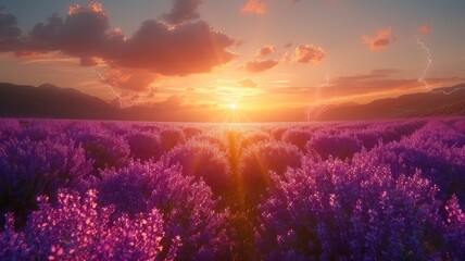 During sunset, a field of lavendel and deep sky
