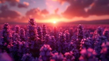 Zelfklevend Fotobehang During sunset, a field of lavendel and deep sky  © Natalia