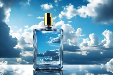 royal perfume bottle against the background of the sky and clouds. Neural network mockup  HD .