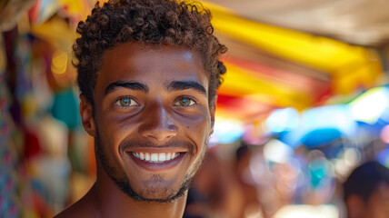 Young smiling man in a sunny outdoor setting - obrazy, fototapety, plakaty