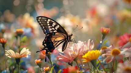 Fototapeta na wymiar Delicate butterfly perched on a colorful array of flowers