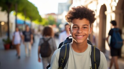 Fototapeta premium Photo of a glad, smiling young male student. Boy with a backpack ready to start studying university international exchange program summer holidays outdoors with a group of students in the background