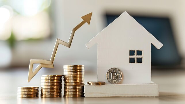 An ascending arrow on a graph points to the buoyant real estate market. A house model and coin stack beside it depict inflation, economic growth, and insurance service costs. Property value is rising.