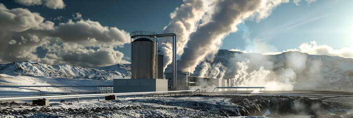 Factory smog ejecting pipes into the environment Iceland electric power plant ejection smoke on cloudy and mountins landscape. - obrazy, fototapety, plakaty