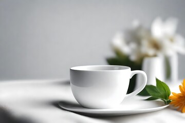 Cup on table white background with selective focus and copy space mockup
