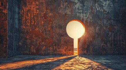 Mysterious keyhole with light shining through on dark background, copy space for text placement - obrazy, fototapety, plakaty
