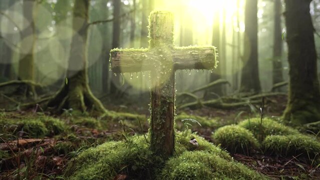 Discover the somber elegance of an old and rough-hewn grave monument, its mossy cross a symbol of remembrance and reverence in the serene depths of the forest, depicted in stunning 4K looping footage.