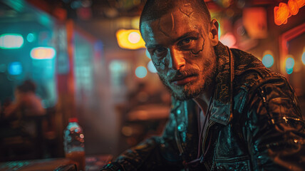Man with tattoos in a neon-lit setting