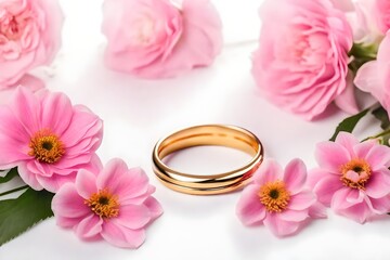 Pink flowers and two golden wedding rings on white background. realistic HD .