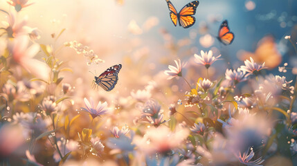 Diurnal butterflies fluttering amidst blooming flowers in daylight