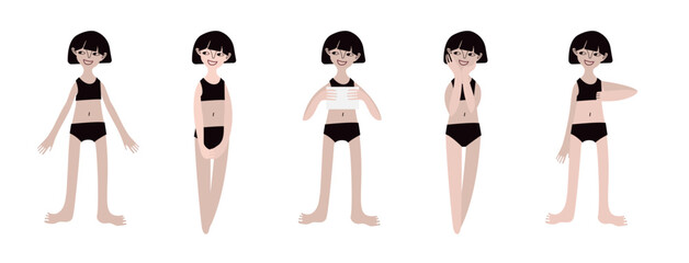 Five Asian girls in swimsuits. Calm standing poses: thumbs up, piece of paper in hands. Pale skin and dark hair. Vector illustration in flat style
