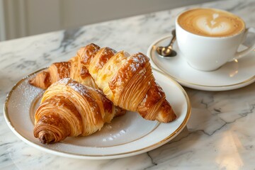 Freshly baked croissants with artisanal coffee, capturing the trend of sophisticated breakfasts, golden pastry and rich coffee hues on a marble café table