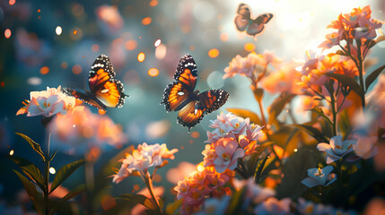 Diurnal butterflies fluttering amidst blooming flowers in daylight - obrazy, fototapety, plakaty