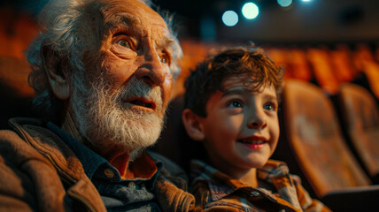 Fototapeta premium Elderly man and boy in movie theater.