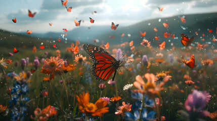 Diurnal butterflies gracefully flitting among wildflowers