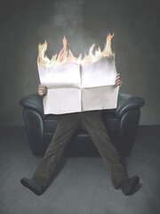 Illustration of man reading a burning newspaper, surreal bad news concept