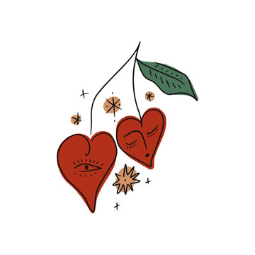 Boho Valentine hippie sticker, psychedelic groovy cherry hearts elements. Funky vintage berries, hippy style elements with faces trendy fashion vector. Decorative doodle cartoon girl cherries
