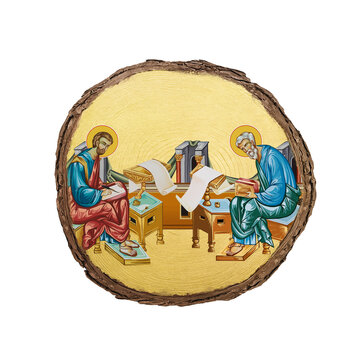 Christian vintage illustration of Apostle Luke and Matthew Levi . Golden religious image in Byzantine style on white background