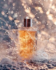 Close up of a perfume glass splashed in the water on a clean background, gold light