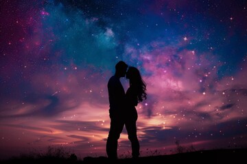 a man and a woman are kissing under a starry sky - obrazy, fototapety, plakaty