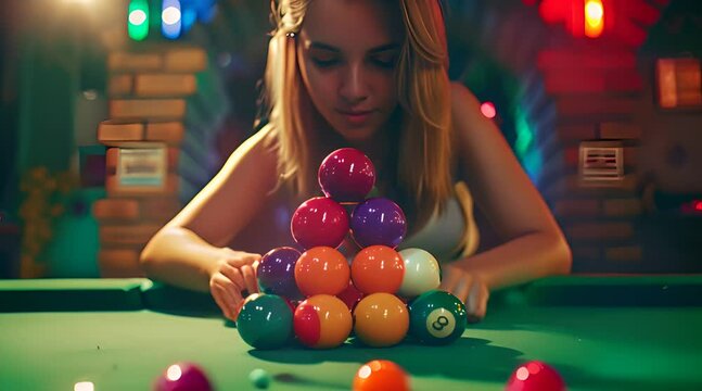 Beautiful Brazilian woman arranging billiard balls
