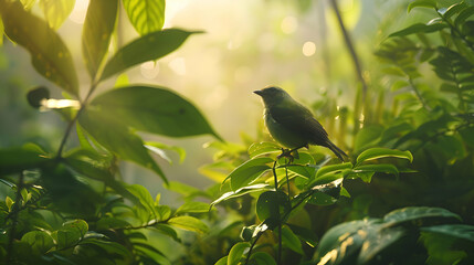 Diurnal songbirds chirping amidst lush greenery at dawn - obrazy, fototapety, plakaty