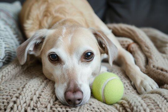 A lebrel Italian dog lying on a blanket with his ball next to him