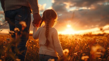 a little girl and her father are walking in nature on beautiful sunset, hand in hand