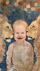 A baby is surrounded by two lions, one of which is licking the baby's face. Concept of innocence and vulnerability, as the baby is being protected by the lions