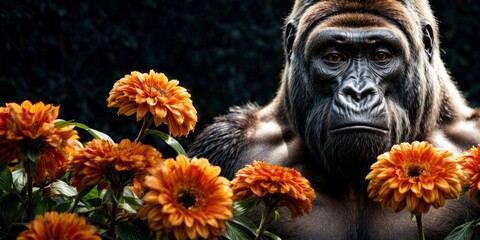 Fototapeta na wymiar Close-up gorilla with flowers in foreground, trees and bushes in background, orange flowers in the foreground