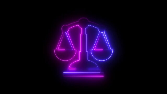 Glowing neon balance scale icon concept. law animation transition masks animation.