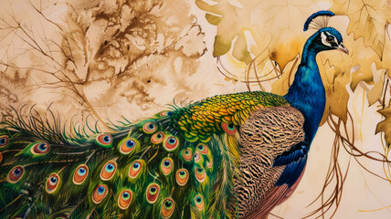 Portrait of a beautiful peacock with a bright giant tail dancing on a sand-colored background with floral patterns, wallpaper idea