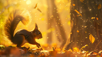 Diurnal squirrels scampering through sun-dappled trees