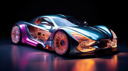 A car with neon lights on it. The car is purple and blue - obrazy, fototapety, plakaty