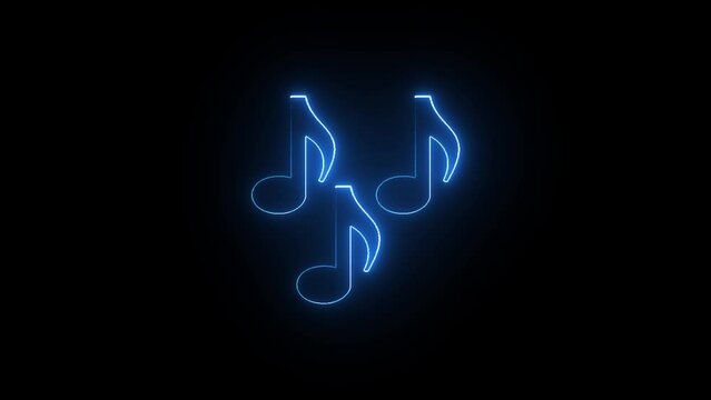 Glowing neon line musical note icon on black background. Music symbol neon color reveal and glowing loop effect animation.