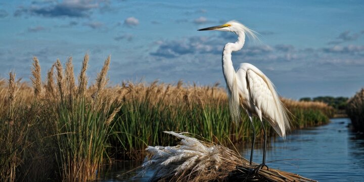   A majestic white bird perched atop a tranquil water body, surrounded by verdant grasses and swaying reeds