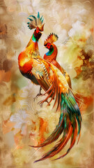 two golden Chinese pheasants with colorful fluffy tail and feathers on terracotta background, vertical watercolor painting in art deco style