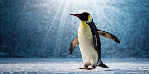   A penguin stands in snow with wings spread and turned head to the side