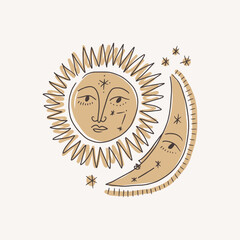 Moon and sun faces, set of beautiful mystical cartoon doodle elements in whimsical boho style, sunshine and crescent space cosmic symbols. Design elements for posters, leaflets, tattoos, stickers and