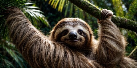  Sloth on tree branch in tropical forest with surrounding foliage