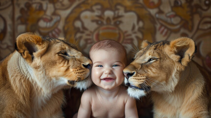 A baby is surrounded by two lions, one of which is licking the baby's face. The scene is playful and heartwarming, as the baby seems to be enjoying the attention from the lions - obrazy, fototapety, plakaty