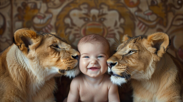 A baby is surrounded by two lions, one of which is licking the baby's face. The scene is playful and heartwarming, as the baby seems to be enjoying the attention from the lions