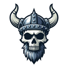 Viking head skull in helmet with horn vector illustration, Nordic Scandinavian warrior, suitable for t-shirt, logo design, tattoo. Design template isolated on white background