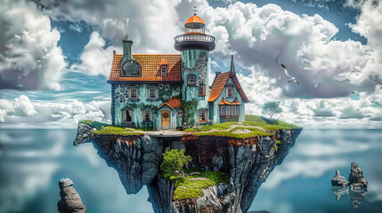 Fairy Tale Island House Amidst Enchanting Nature, Dreamy Landscape of Magic and Wonder - obrazy, fototapety, plakaty