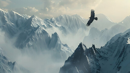 Eagle soaring high above rugged mountain peaks - obrazy, fototapety, plakaty
