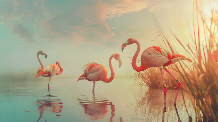 Elegant flamingos wading gracefully through tranquil marshland