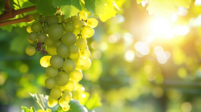 Vibrant ripe green grape on a branch and sunny green leaves. Outdoor nature background.