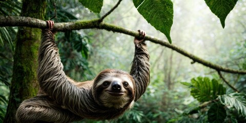   A sloth dangles upside-down on a tree branch amidst an abundant forest filled with green foliage